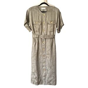 ALBERT NIPON Vintage Column Dress Taupe Jacquard Linen Blend Button Up Long, 12